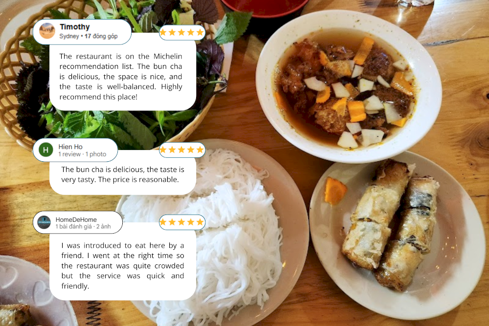 One full serving of Bun Cha Ta includes grilled pork, vermicelli and 2 fried spring rolls